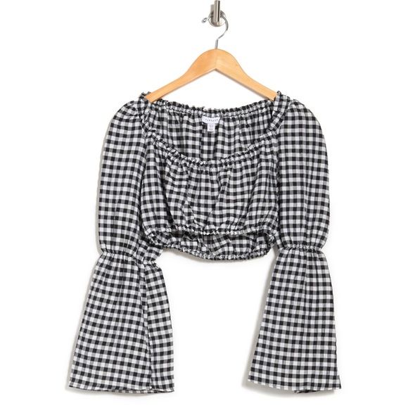 Topshop Gingham Plaid Puff Bell Sleeve Crop Top Plus Size 14 - Picture 3 of 5